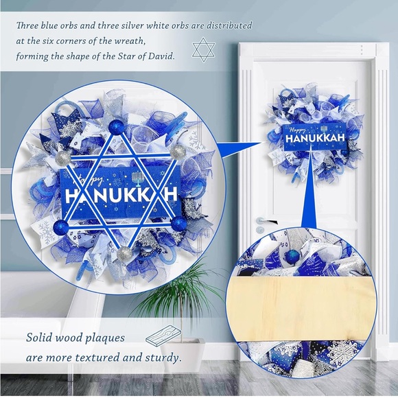 Happy Hanukkah🕎Chanukah🕎Lighted Door 18 inch Wreath w Bows🎀 - Picture 4 of 12